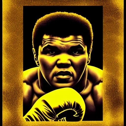 Image similar to [ muhammad ali ] with golden gloves made of electroluminescent energy, accurate and precise, coherent imagery cohesive improvisation ( movie poster art ) by andreas rocha and junji ito 8 k character portrait