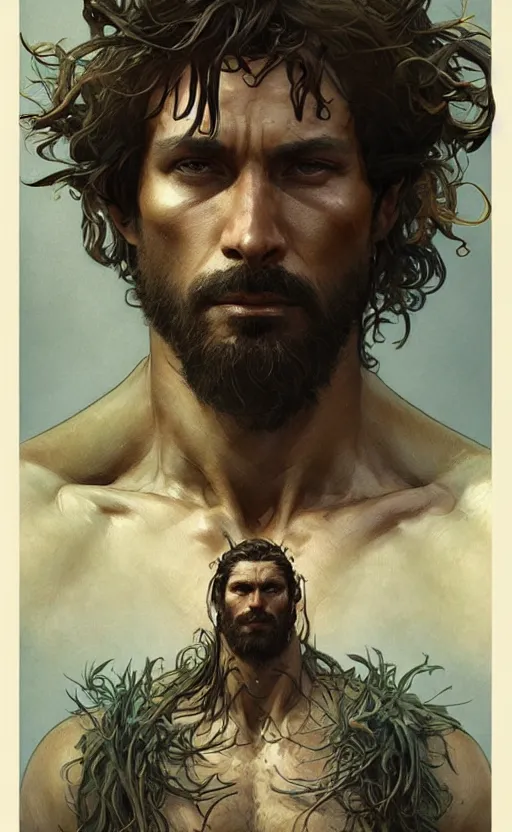 Image similar to portrait of the god of the forest, 30 years old, rugged, male, gorgeous, detailed face, amazing, thighs!!!!!!, muscular, intricate, highly detailed, digital painting, artstation, concept art, sharp focus, illustration, art by greg rutkowski and alphonse mucha