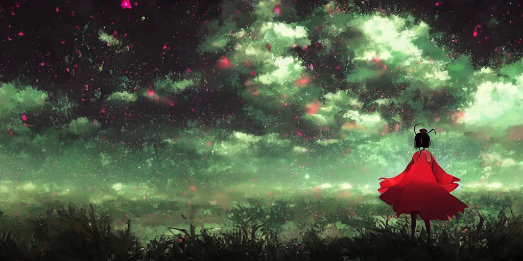 Prompt: reimu walking in a cloud pond forest dusk, japanese shrine fractal dreamscape, shattered sky cinematic, shooting stars, mirror reflection, vibrant colors, digital anime illustration, award winning, by makoto shinkai