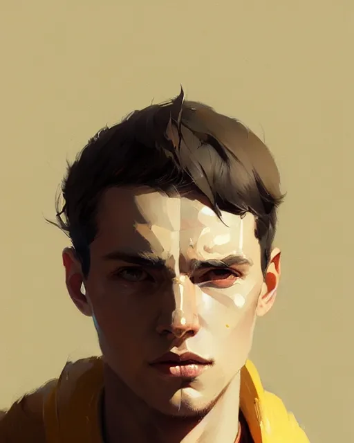 Prompt: hyper - realistic portrait of noble young man by atey ghailan, by greg rutkowski, by greg tocchini, by james gilleard, by joe fenton, by kaethe butcher, dynamic lighting, gradient light yellow, brown, blonde cream and white color scheme, grunge aesthetic