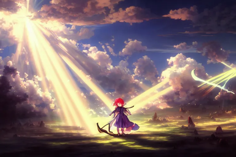 Image similar to baroque oil painting of anime key visual concept art of touhou anime witches flying on broomsticks through the sky, volumetric lighting, sunrays breaking through clouds, grimdark steampunk high fantasy, trending on artstation, brush strokes, oil on canvas, style of makoto shinkai and greg rutkowski and studio ghibli