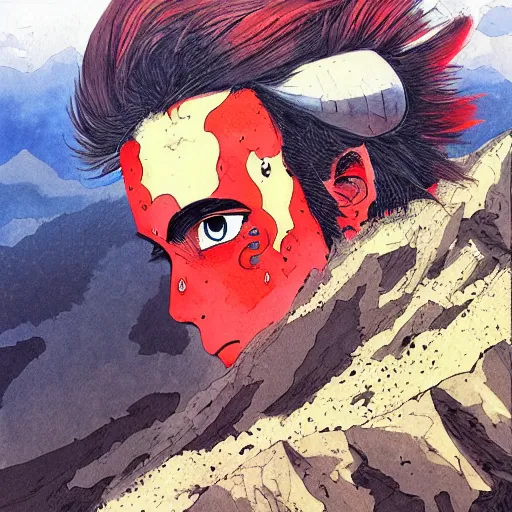Image similar to painting of a lonesome warrior at the peak of himalayas, style of conrad roset and kentaro miura