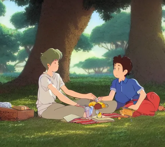 Image similar to a wholesome animation key shot of a boy and a girl sitting together under a tree, having a picnic, boy and girl!!, studio Ghibli, Pixar and Disney animation, sharp, very detailed, high resolution, by Raphael LaCoste and Ruan Jia and Robert McCall, postcyberpunk, geodesic, hyperdetailed, sunrise, wide shot, autochrome, octane render, inspired by Hayao Miyazaki, anime key art by Greg Rutkowski, Bloom, dramatic lighting