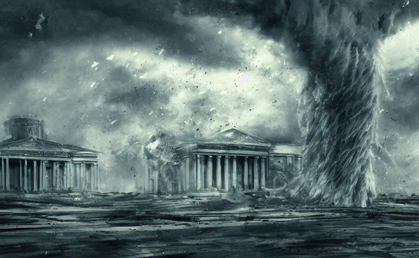 Image similar to A tornado of cash hitting a government building, landscape art, concept art, intense