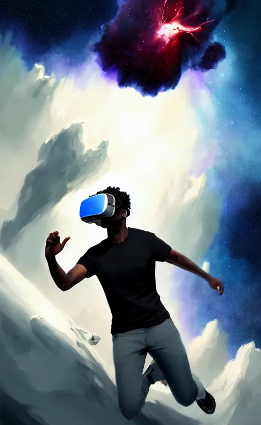 Prompt: handsome black genius hacking the metaverse, vr headset, white t - shirt and jordans, flying through spacetime, exploding nebulae, highly detailed, digital painting, artstation, concept art, smooth, sharp focus, illustration, art by wlop, mars ravelo and greg rutkowski