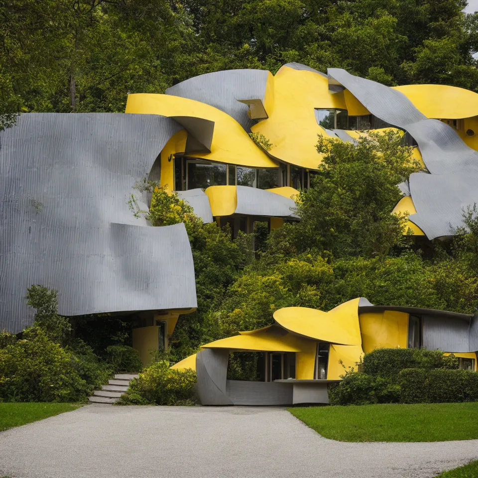 Image similar to a flat leveled bungalow designed by Frank Gehry. Tiles. Gravel driveway. Film grain, cinematic, yellow hue