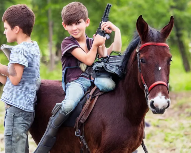 Prompt: girly! boy with dark - brown hair, the boy is on horse, the boy is holding backpack and gun, realistic photo