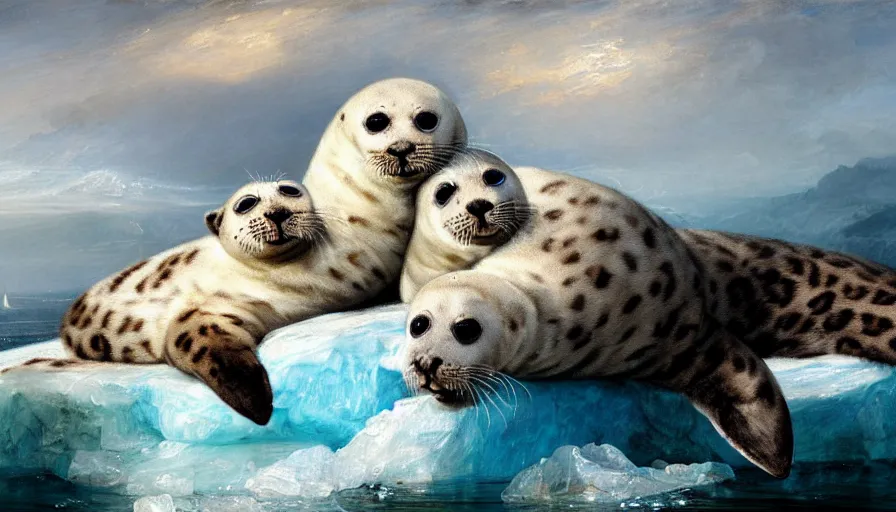 Image similar to highly detailed painting of cute furry white baby seal leopards cuddling into each other on a blue and white iceberg by william turner, by greg rutkowski, by william constable, thick brush strokes and visible paint layers, 4 k resolution