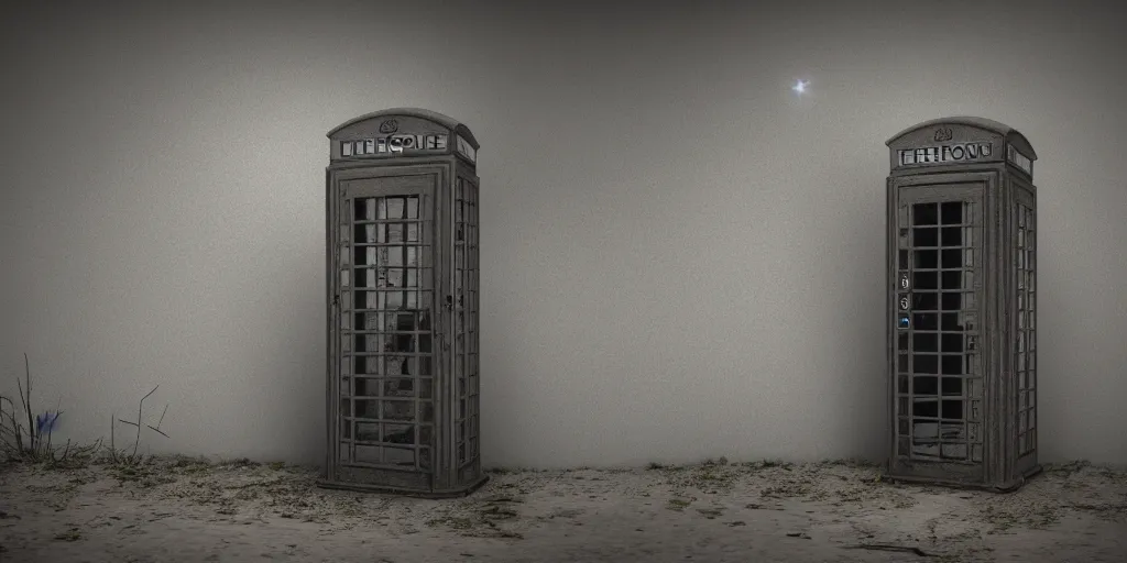 Image similar to an old abandoned and broken telephone booth at the edge of the universe at night, weird, haunted, misty, moody, sinister, ambient lighting, cinematic color grading, 8 k render, hyper realistic, realistic, unreal engine 5 render