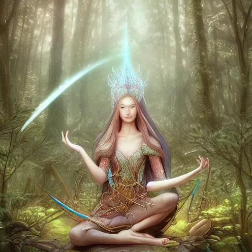 Prompt: elven princess meditating in forest, surrounded by fairies, surreal, surrealist art, digital art, trending on artstation, ultra detailed, intricate, sacred geometry, serene, beautiful, photo, realistic, perfect, smooth, moebius, by moebius, peter mohrbacher