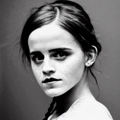 Image similar to victorian photograph of emma watson, 1 8 9 0 s photography, 1 9 0 0, realistic face, symmetrical face, studio photograph, grainy, edwardian, old photo