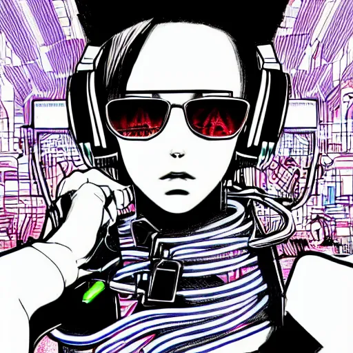 Image similar to a drawing of a person with headphones on, cyberpunk art by Hirohiko Araki, behance, funk art, synthwave, darksynth, official art