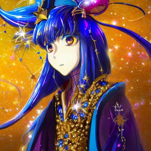 Prompt: portrait from an anime of an ethereal colorful blue starry fox peacock character accented in gold, wearing star filled magic imbued mage robes, wearing lots of gold jewelry and gems, set in observatory at night, art by yuji ikehata, background art by miyazaki with assistance from splatoon by nintendo realism, proper human proportions, fully clothed,