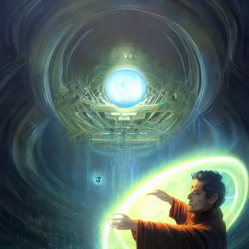 Image similar to the creator of worlds wearing a cloak and holding a holographic planet projection in his hand, detailed, sci - fi, digital painting, artstation, sharp focus, illustration, ominous, artgerm, tomasz alen kopera, peter mohrbacher, donato giancola, joseph christian leyendecker, wlop, frank frazetta