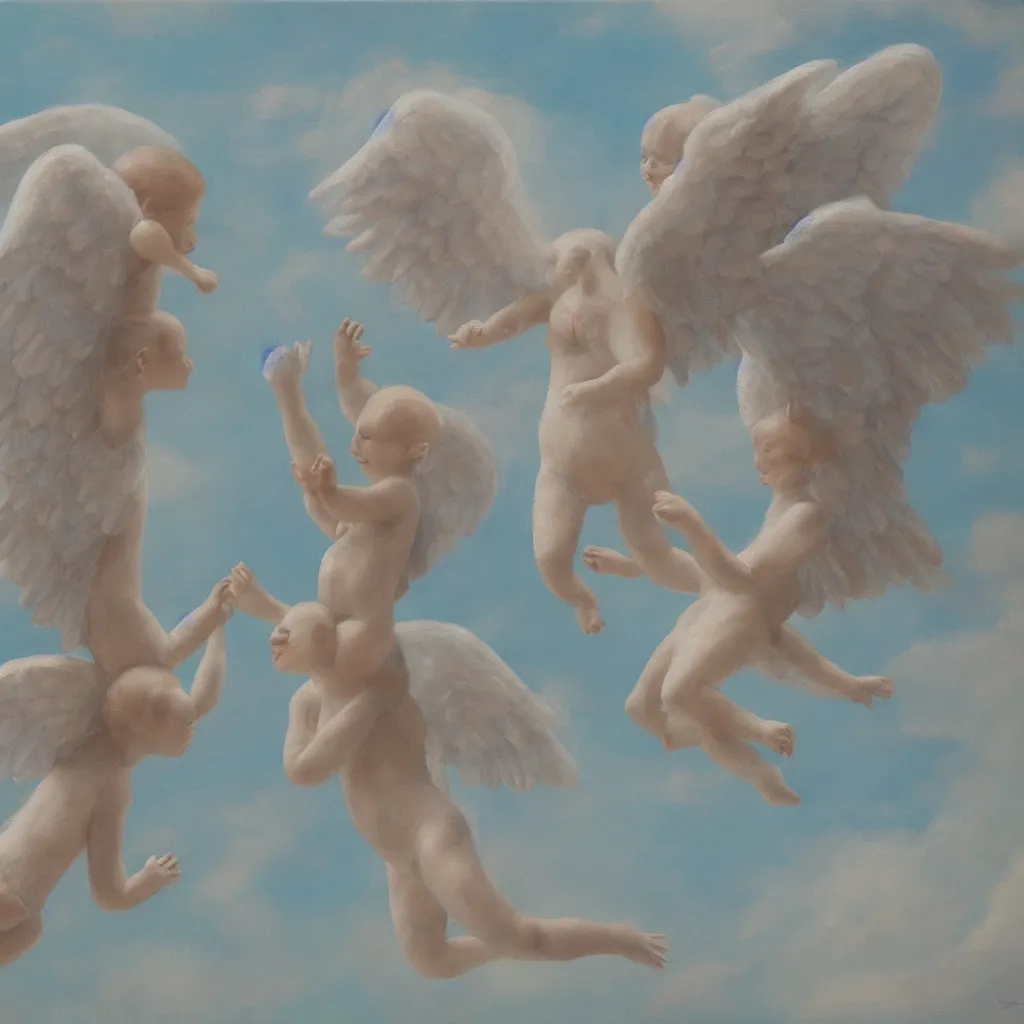 Prompt: siamese twins flying in the sky with angelic wings, hyperrealistic, painting, reinascence style, award wining