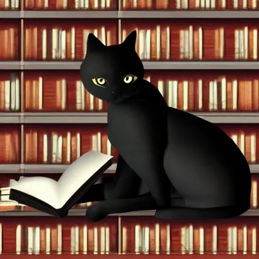 Prompt: 3D Artwork of a black cat reading a book in a library