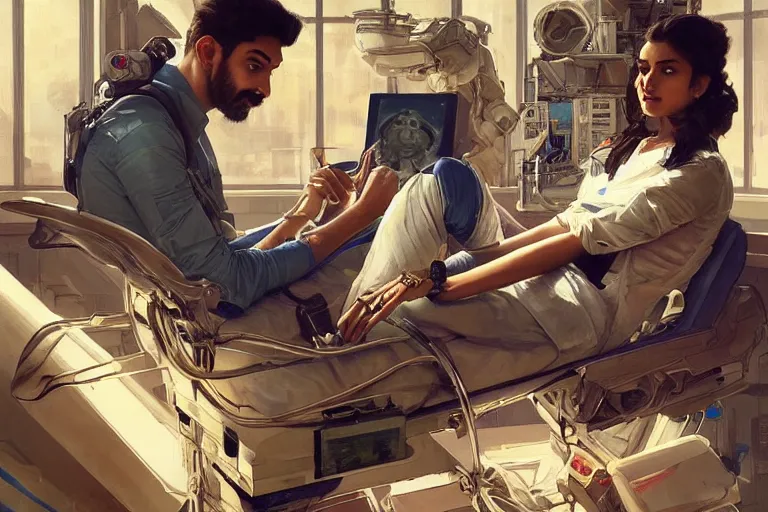 Prompt: Exhausted good looking pale young Indian doctors wearing jeans in a space station above Earth performing surgery, portrait, elegant, intricate, digital painting, artstation, concept art, smooth, sharp focus, illustration, art by artgerm and greg rutkowski and alphonse mucha