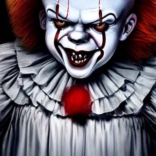 Image similar to pennywise in the style of chucky, realistic photo, well detailed, trend in artstation, 8k