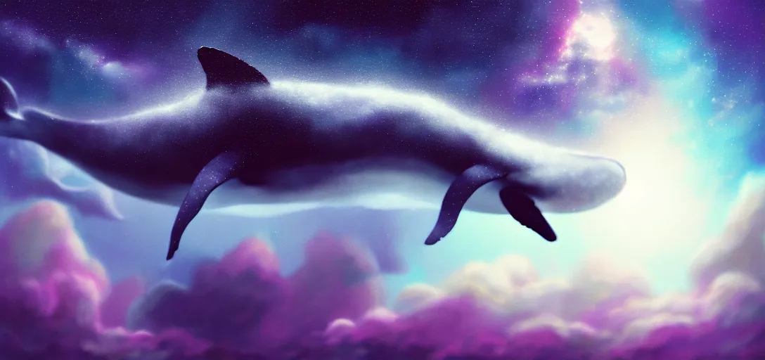 Image similar to a wide angle shot of a lonely whale flying in the sky, sea underneath, cosmic starry sky, concept art, trending on artstation, purple theme atmospheric lighting, painted, intricate, detailed, impressive, leesha hannigan