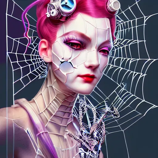 Prompt: high quality, high detailed portrait of a spider queen, a cyberpunk character in a retro - futuristic world, white porcelain translucent skin. hyperrealism, intricate details, cables, wires. connectors led. tristan eaton, victo ngai, artgerm, rhads, ross draws, alphonse mucha, pastel colors, vintage, artstation, vector gradient. 8 k