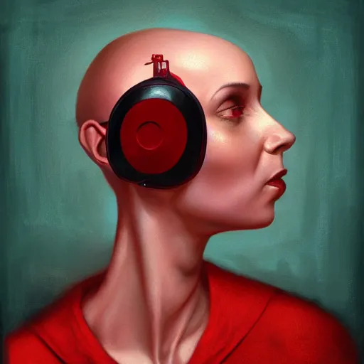 Image similar to portrait of a bald woman with red headphones, staring at you, black background, curious eyes, by Anato Finnstark, Tom Bagshaw, Brom