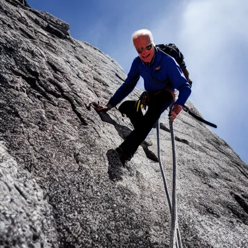 Prompt: joe biden climbing a mountain, adventure photography