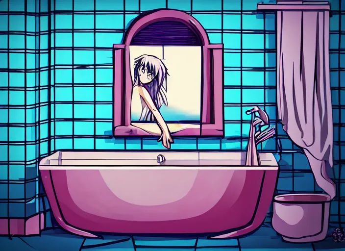 Image similar to girl in bathtub, bathroom, boring, anime, 1 9 9 0 s, retro style, aesthetic, chill, room