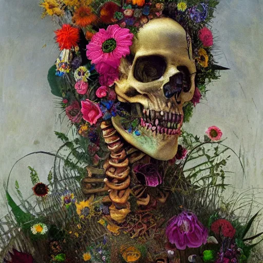 Image similar to 'Life from death' A beautiful detailed aesthetic horror full body painting depicting 'A skeleton with plants and flowers growing all over it, birds and bees flying all around it' by Odilon Redon and giuseppe arcimboldo, Trending on cgsociety artstation, 8k, masterpiece, cinematic lighting.