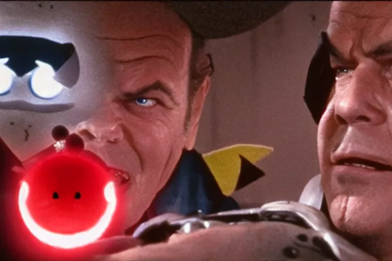 Image similar to Jack Nicholson plays Pikachu Terminator, scene where his inner endskeleton is visible and his eye glows red, still from the film