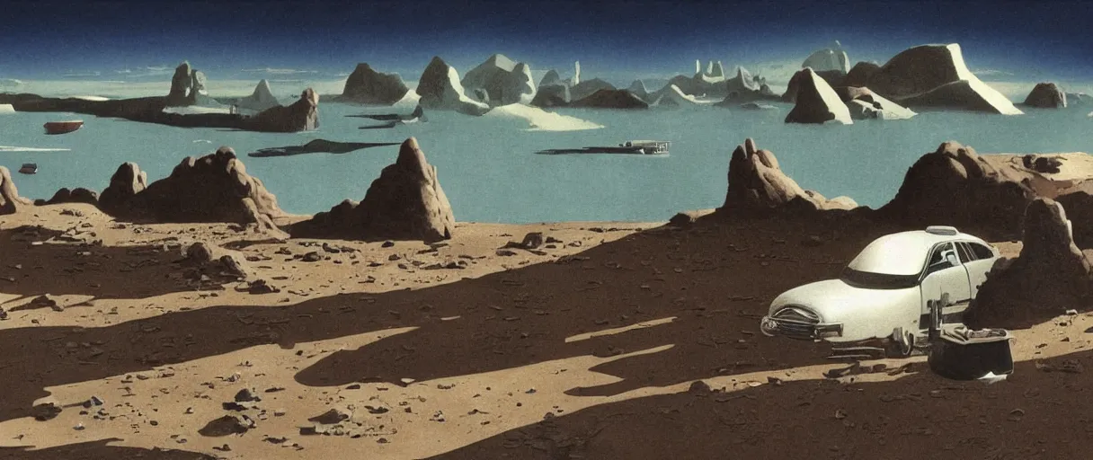Prompt: a sad monster washing their laundry in the bay by chesley bonestell , cinematic atmosphere, establishing shot