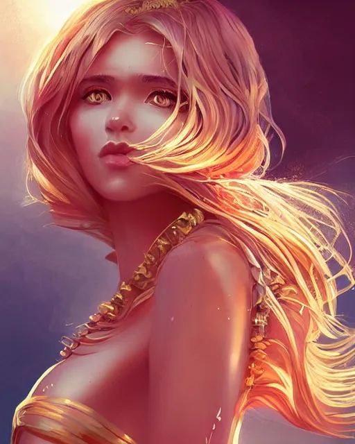 Image similar to summer vibes, beautiful sun tanned goddess, flowy golden hair, sun, summer, cinematic lighting, highly detailed, digital painting, trending on artstation, pixiv, concept art, sharp focus, illustration, art by ross tran and wlop