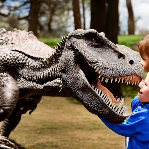 Image similar to a highly detailed photo of kids petting a t rex at a petting zoo, 4 k high - resolution photograph, ultra detail, hd photo