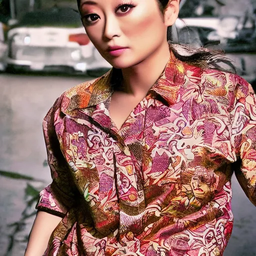 Prompt: Ayumi Hamasaki wearing batik shirt , film still, best scene,