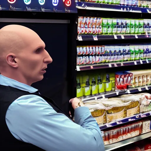 Image similar to voldemort working at a tesco express, photorealistic, 4 k