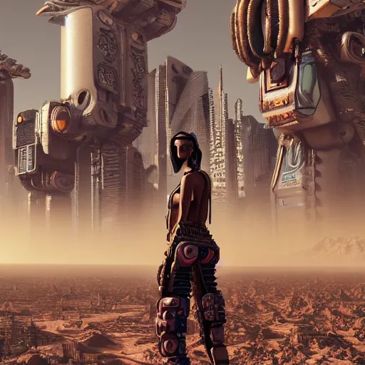 Image similar to cyberpunk apocalyptic desert scenery with humanoids in a futuristic planet presented as a pieces from a puzzle, hypermaximalistic, high details, cinematic, 8 k resolution, beautiful detailed, insanely intricate details, artstation trending, octane render, unreal engine