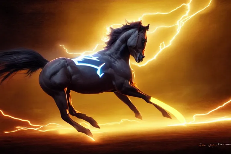 Image similar to a stunning digital painting of a horse as the flash in spandex costume, running in the speedforce by greg rutkowski, volumetric light, digital art, fine detail, photorealistic