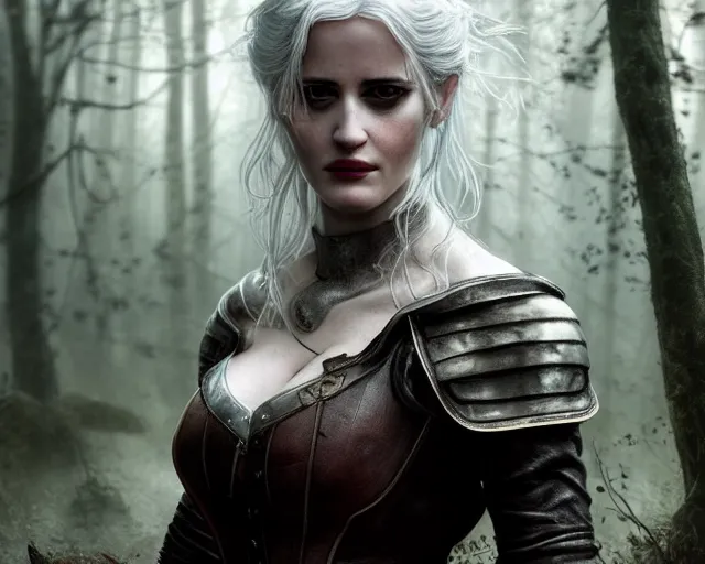 Image similar to 5 5 mm portrait photo of a real life tough looking eva green as ciri in brown leather armor with silver hair and a large scar along her left cheek, in a magical forest. dark atmosphere. art by greg rutkowski. highly detailed 8 k. intricate. lifelike. soft light. nikon d 8 5 0.