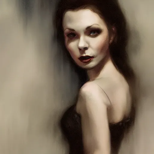 Prompt: closeup portrait of a young vivian leigh in a gothic dress, eerie colors, dramatic light, gorgeous view, depth, high detail, digital art, painted by greg rutkowski and seb mckinnon, by tim burton, trending on artstation