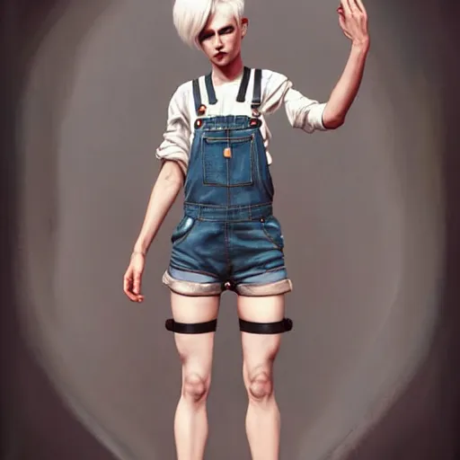 Image similar to full body pose, beautiful androgynous girl, white pixie cut hair, torn overalls, short shorts, combat boots, fishnets, beautiful, highly detailed face, true anatomy!, extremely detailed!, digital painting, unreal engine 5, art by tom bagshaw