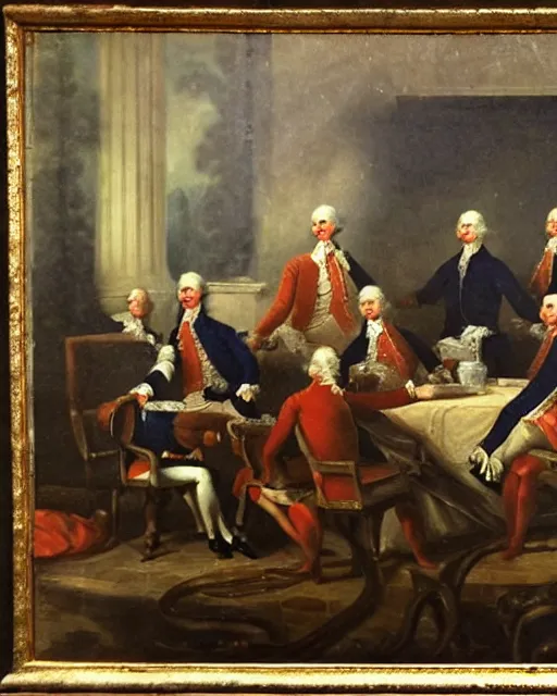 Image similar to eighteenth century oil painting of george washington getting absolutely wasted at a bachelor party