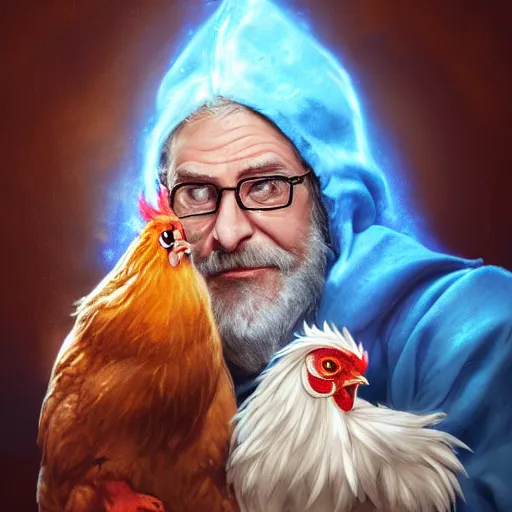 Prompt: a portrait of a wizard holding his pet chicken by Tony Sart, confused facial expression, blue robe, long white beard, frizzy hair, ArtStation, realistic, detailed