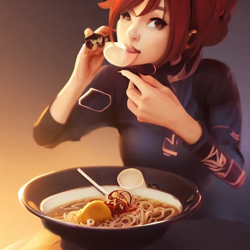 Prompt: Overwatch girl eating Ramen. By ilya kuvshinov, krenz cushart, Greg Rutkowski, trending on artstation. Glossy materials, sharp highlights, amazing textured brush strokes, accurate shape, clear curvy details, cinematic soft volumetric studio lighting, with backlight, VFX, HDR