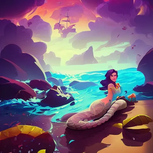 Image similar to painting mermaid treasure on sea of thieves game avatar hero smooth face median photoshop filter cutout vector, behance hd by jesper ejsing, by rhads, makoto shinkai and lois van baarle, ilya kuvshinov, rossdraws global illumination