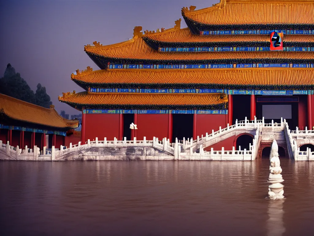 Prompt: kodak portra 4 0 0 photographic and realistic, the forbidden city, temple, night, moonlight, detailed, wide angle, floor flooded, how a river, objects that float, 3 5 mm, sharp focus, soft light, volumetric light, in the style of gregory crewdson