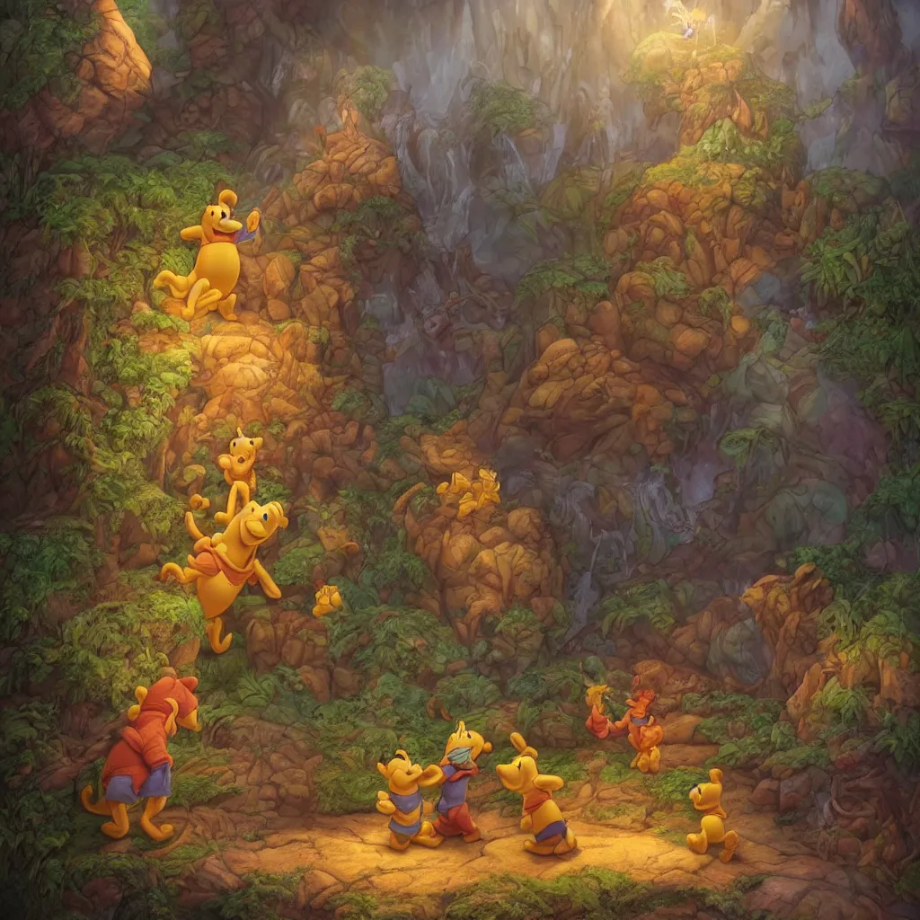 Image similar to epic finale scene of winnie the pooh being betrayed by goofy and donald duck, intricate, epic, elegant, menacing, fantasy, highly detailed, digital painting, hard focus, beautiful volumetric lighting, epic light, ultra detailed, by Leesha Hannigan, Ross Tran, Thierry Doizon, Kai Carpenter, Ignacio Fernández Ríos