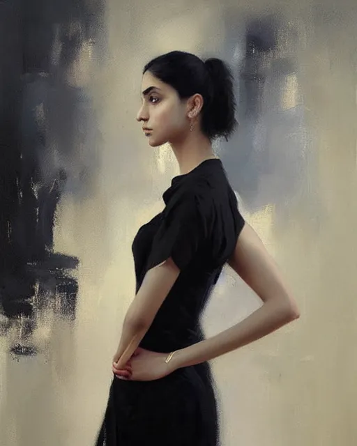 Image similar to beautiful portrait painting an gorgeous delhi girl wearing a little black dress, oil painting, art by ruan jia