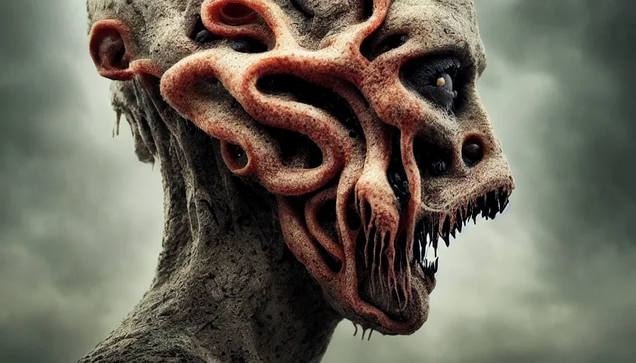 Prompt: face in profile, a extremely scary horror photograph of a fantasy creature made out of nature and fungus, intricate, hyperrealism, sharp focus, cinematography, highly detailed, octane render, horror cgi 4 k, matte, photograph by professional photographer