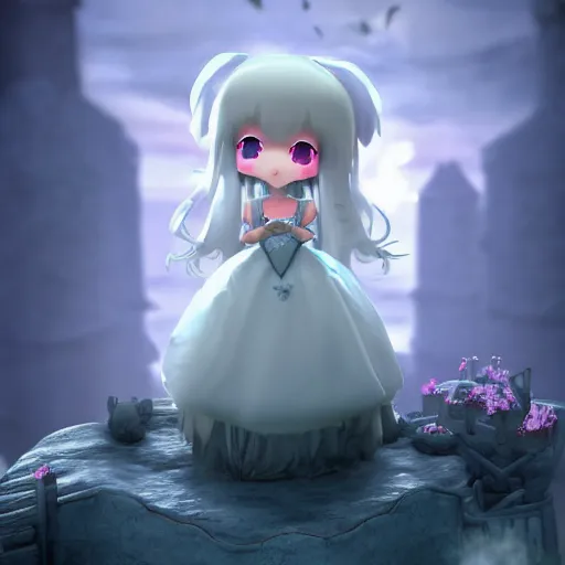 Image similar to cute fumo plush of a princess girl in a tower on a tiny island which she lays sole claim to, selfish empress of the abyss, tempestuous waters, wisps of volumetric smoke and fog, gothic maiden in tattered white dress, vignette, vray