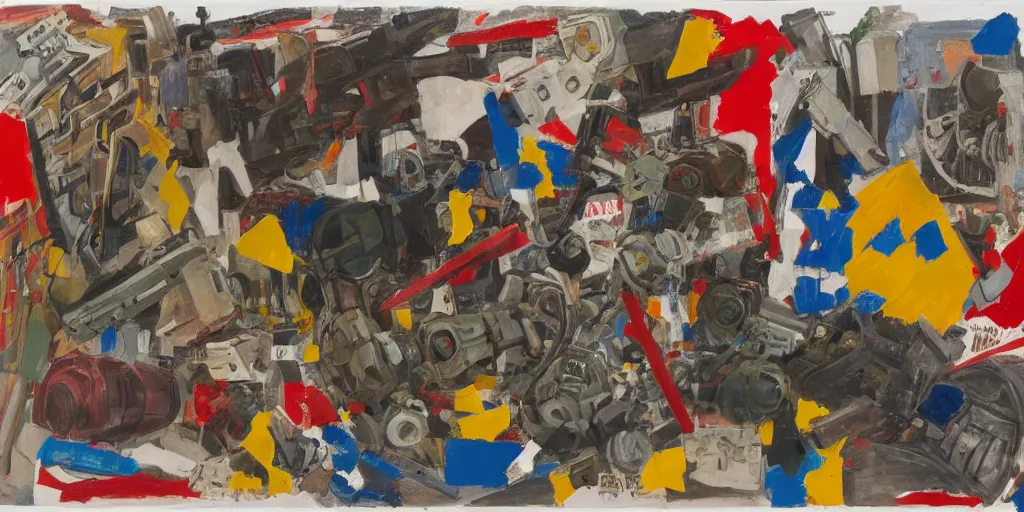 Image similar to Still life of a combat mech surrounded by its weapons, inspired by Jasper Johns