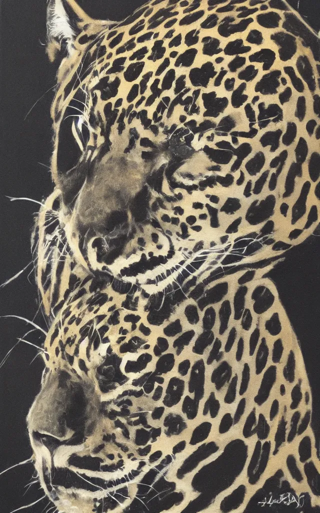 Prompt: a jaguar velvet painting on black velvet, kitcsh inspired by edgar leetag, paint on black velvet canvas, american velvet painting, veveltaria, minimalist, black space 8 x 1 0